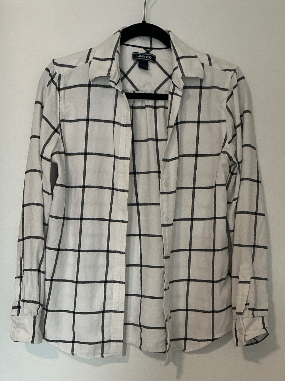 Lands' End White Button-Up Shirt with Black Windowpane Grid